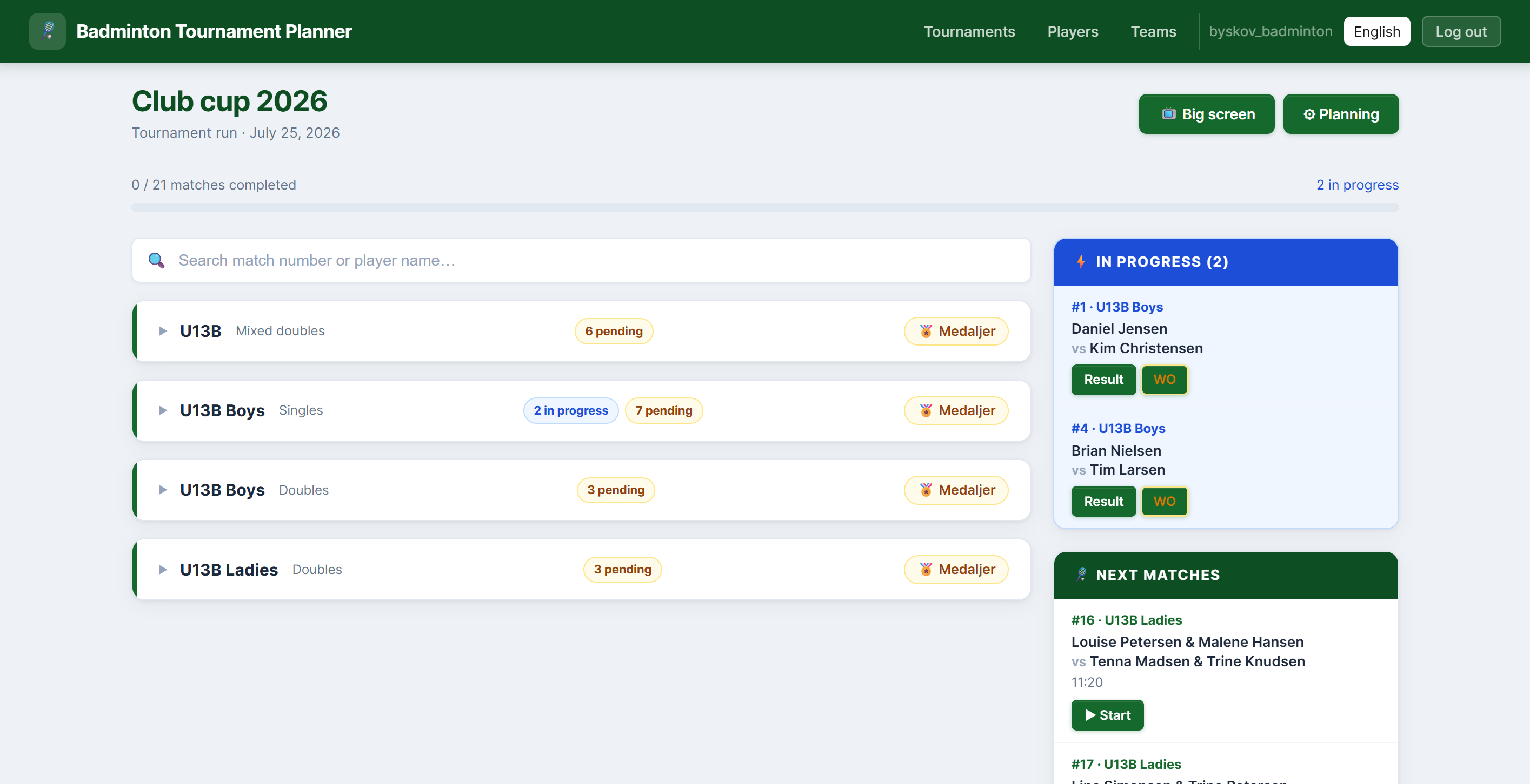Tournament run page